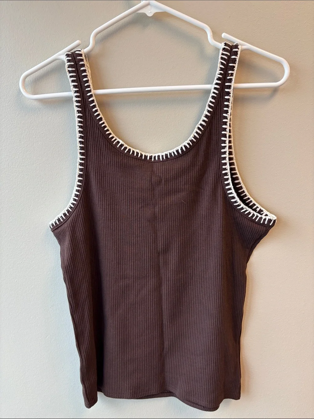 J. Crew Brown Ribbed Tank with White Whipstitch Trim